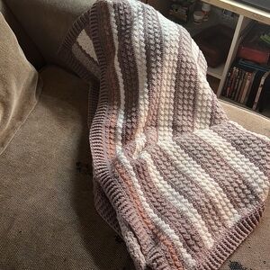 #SOLD**Striped Handmade crochet cluster stitch Blanket in Brown and Cream 50x48‎